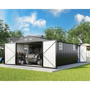 Jocisland 13.2x21x8 ft Outdoor Storage Shed, Huge Metal Garage Shed with 2 Double Hinged Doors and 4 Windows, Carport for Car, Bike, Truck, Dark Grey