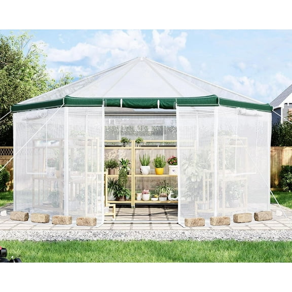 Jocisland 13.5x13.5x9 FT Hexagonal Walk-in Greenhouse for Outdoors, Heavy-Duty Greenhouse with Windbreak Ropes, Waterproof PE Cover, Ground Stakes, Tunnel Green House for Garden, White/Green