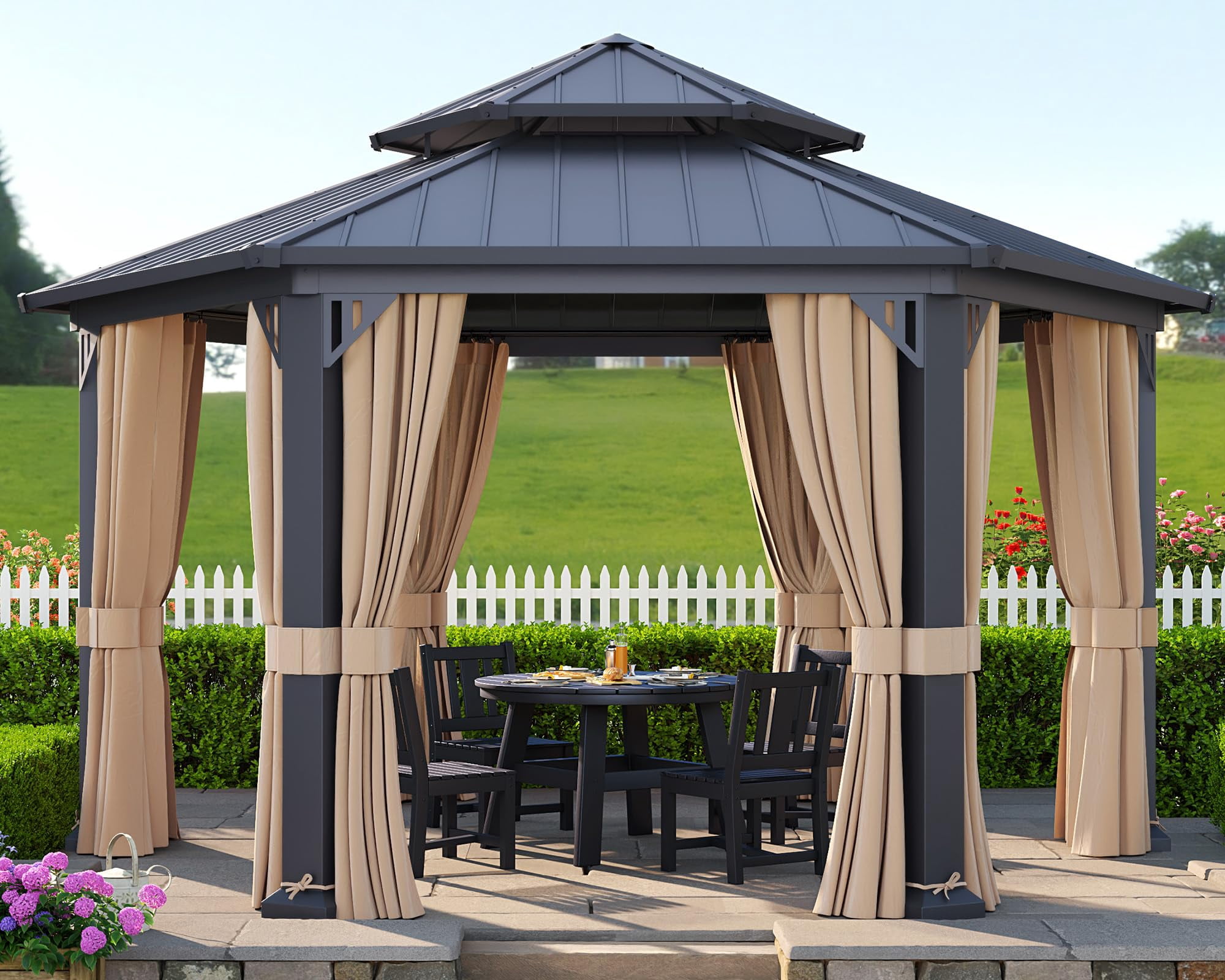 Jocisland 13X15 FT Hardtop Gazebo, Hexagon Metal Patio, Double Roof Pavilion with Aluminum Foot
