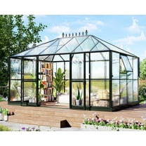 Jocisland 14x10x9 ft Polycarbonate Greenhouse with 2 Vents and Double Swing Doors 6ft Added Wall Height, Walk-in Large Winter Greenhouse Sunroom Aluminum Greenhouse for Outdoors, Black