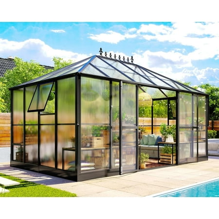 Jocisland 14x9.5x9 ft Polycarbonate Greenhouse- 6 ft Wall Height Outdoor Aluminum Greenhouses, Black