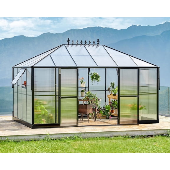 Jocisland 14x9.5x9 ft Polycarbonate Greenhouse Double Swing Doors 2 Vents 6FT Wall Height for Backyard Garden, 200lb,Aluminum Black