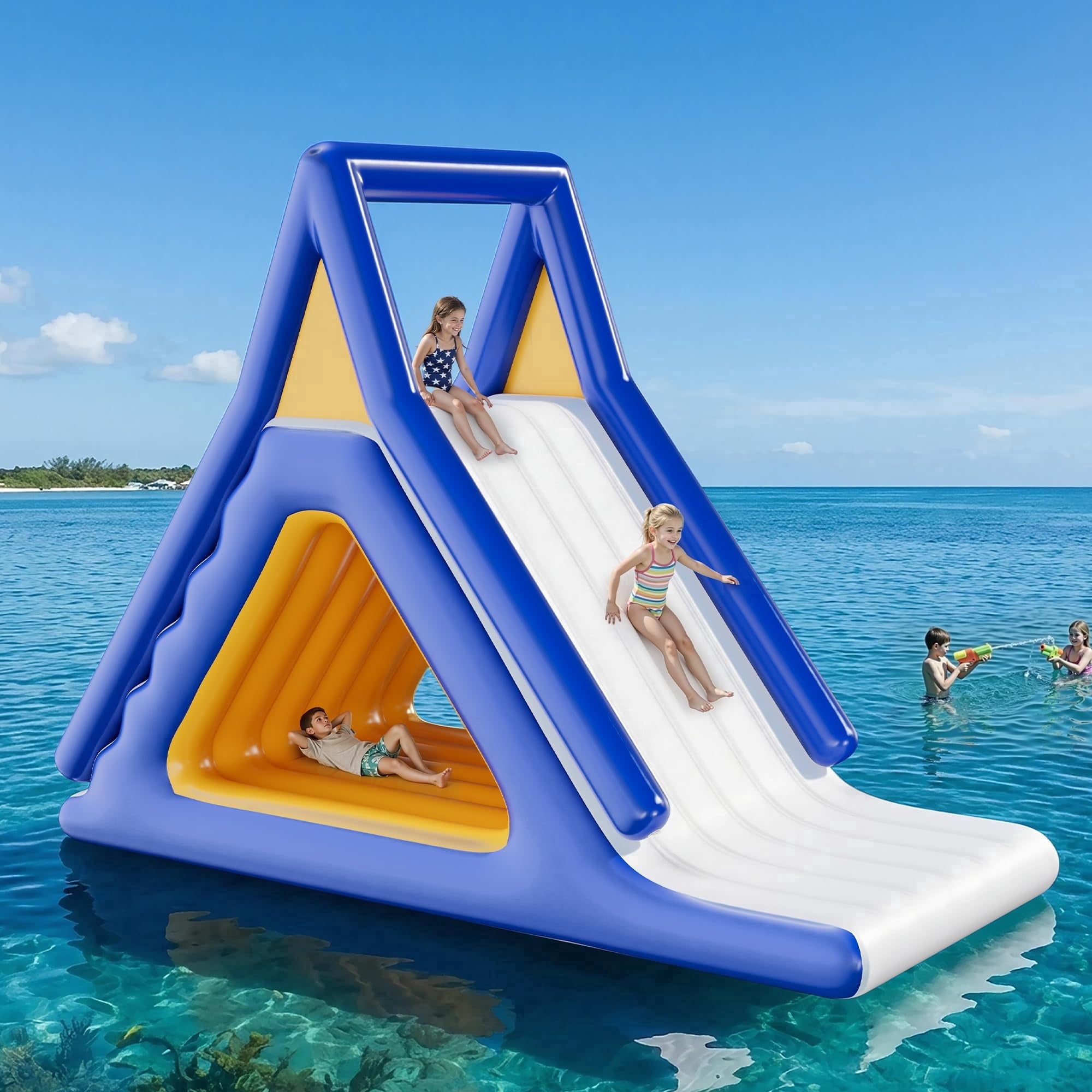 Jocisland 15L×10W×11H ft Commercial Inflatable Water Slide with Climbing Handle, White & Blue & Yellow, Outdoor Waterfall Slide for Adults & Kids
