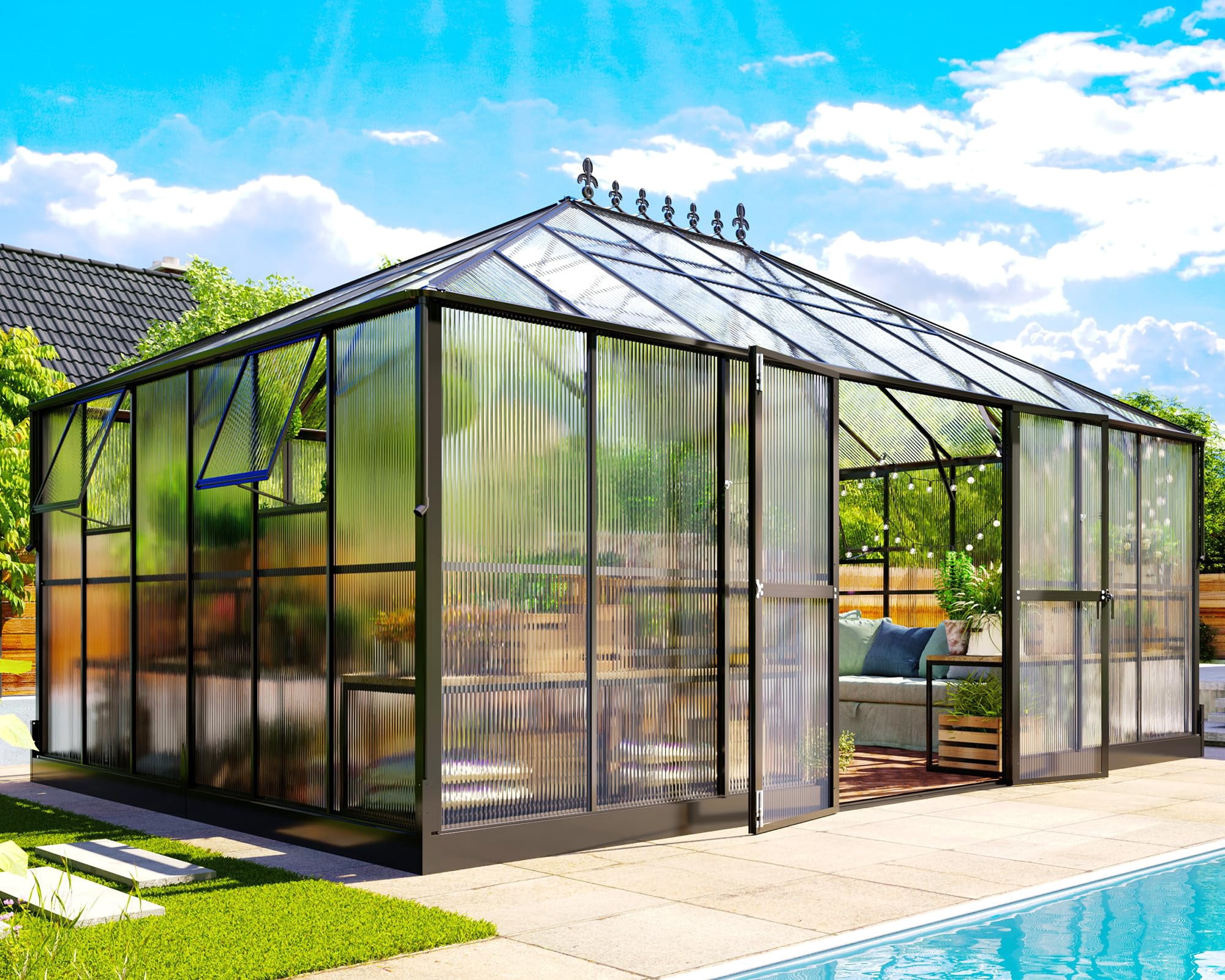 Jocisland 16x12x9.5 ft Polycarbonate Greenhouse- 6 ft Wall Height Outdoor Aluminum Walk-in Greenhouses with 2 Ventilation, for Backyard Garden