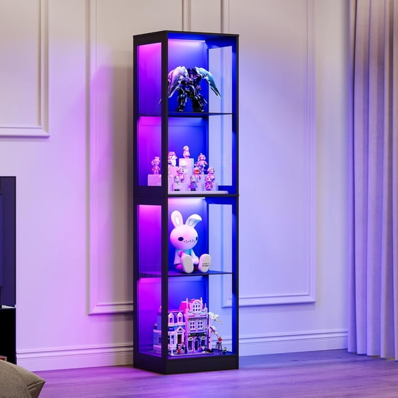 Jocisland 18x14 Inch Display Cabinet with RGB Lights, 4-Tier Storage Display Case for Collectibles, Adjustable Shelves, MDF and Tempered Glass, Black