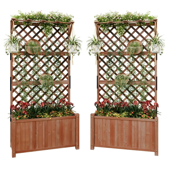 Jocisland 2 Pack Wooden Raised Garden Bed for Outdoor, Deep Large Planter Box with Diamond Lattice Trellis for Climbing Plants, Vegetables, Gardening(3× 2× 6FT)