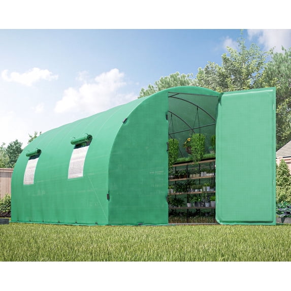 Jocisland 20x10x7.5 ft Heavy Duty Galvanized Steel Frame Greenhouse kit, Reinforced PE Cover & Film Clips, Green