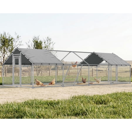Jocisland 26×10 FT Extra Large Walk-in Chicken Coop, Spire Roof Chicken Run with Cover, Front & Rear Doors, Feeding Door, Roosting Ladder