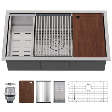 Jocisland 31.5" Undermount Kitchen Sink Workstation, 16 Gauge 304 Stainless Steel Single Bowl Sink with Cutting Board, Drying Rack and Drain Assembly