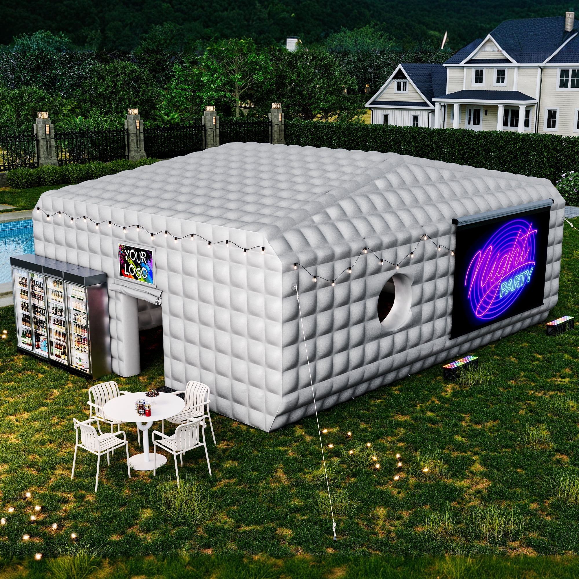 Jocisland 33x20x13 ft Large Inflatable Night Club Tent for Adults, 6 Windows & Movie Screen Hooks, Event Tent for Backyard Party, Silver