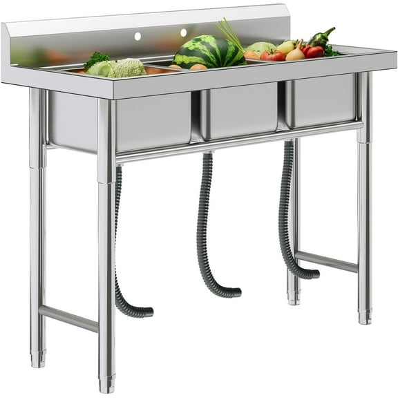 Jocisland 39"x17.7"x37.5" Triple-Bowl Stainless Steel Sink with Drainage Kit, R-Corner Design,Removable Strainers & Faucet Holes , Utility Sink for Kitchen, Laundry, Garage or Commercial Use