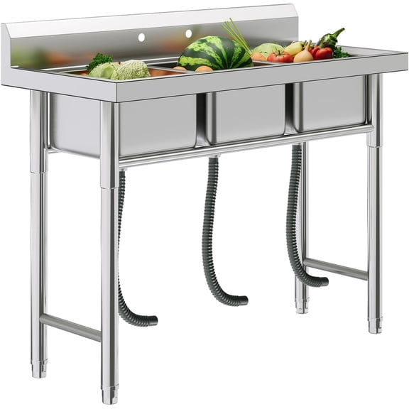 Jocisland 39"x17.7"x37.5" Triple-Bowl Stainless Steel Sink with Drainage Kit, R-Corner Design,Removable Strainers, Utility Sink for Kitchen