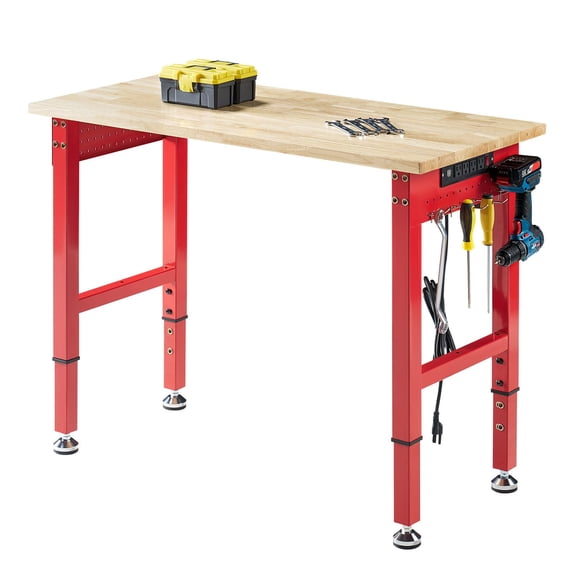 Jocisland 44" Red Adjustable with 4 AC Outlet and 2 USB Ports Power Outlets, 2000 lbs Capacity, Rubber Wood Top for Garage, Workshop