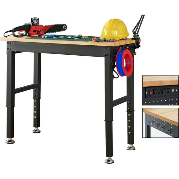 Jocisland 44x20 in Adjustable Workbench with Power Outlets, Rubber Wood Top with Hooks, Max 2000LBs Workbench for Garage Woodworking, Workshop
