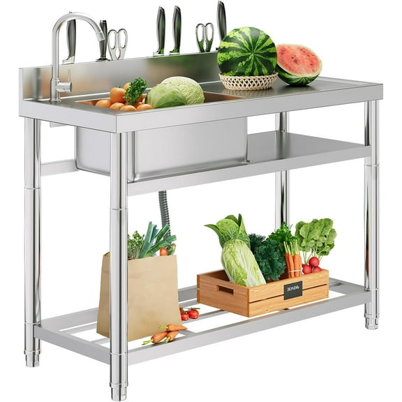 Jocisland 47"x20"x37.5" Stainless Steel Sink with Right Worktop & Faucet, Single Bowl Utility Sink with Storage Rack & Knife Slot for Kitchen, Garage, Laundry or Commercial Use