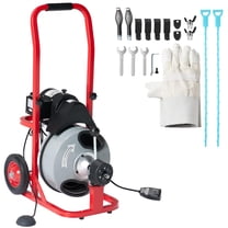 Jocisland 50 FT x 3/8 inch Electric Drain Cleaner Machine with Auto-Feed & 10 Cutters, Sewer Snake Auger for 1–4 Inch Pipes, Foot Switch & Wheels, Red