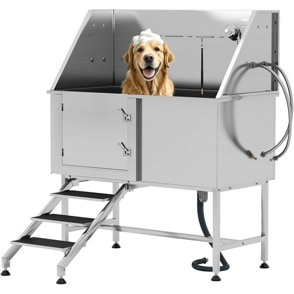 Jocisland 50" L Professional Dog Washing Station with Stairs, 304 Stainless Steel Pet Bathtub Features Adjustable 3-Flow Showerhead, Pet Wash Tub
