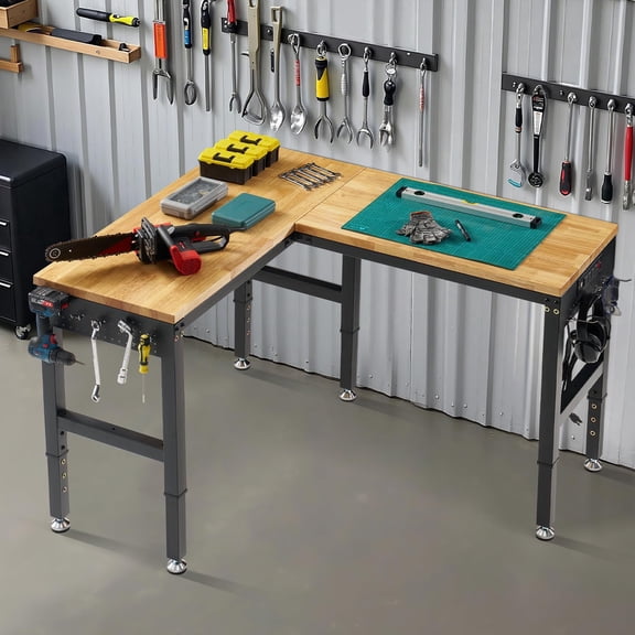 Jocisland 56"x48" L-Shaped Workbench with Power Strip, Adjustable Height Heavy Duty Work Table with Pegboard, 6000Lbs Load Capacity, for Garage