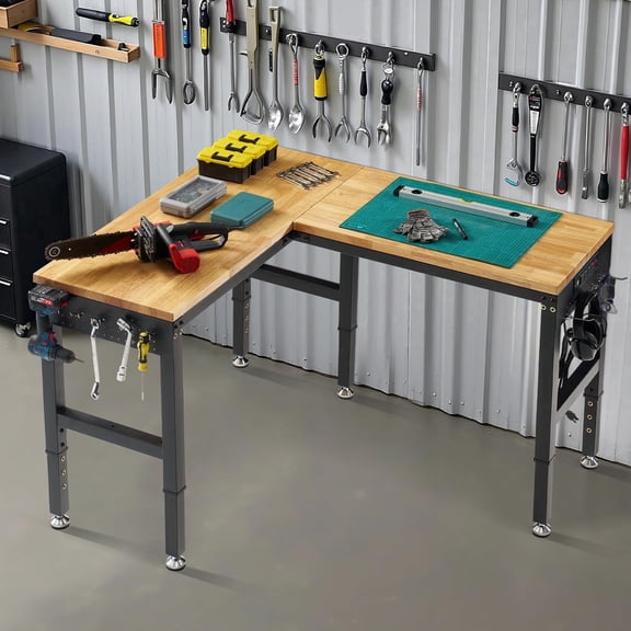 Jocisland 56"x48" L-Shaped Workbench with Power Strip, Adjustable Height Heavy Duty Work Table with Pegboard, 6000Lbs Load Capacity, for Garage