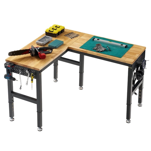 Jocisland 56"x48" L-Shaped Workbench with Power Strip, Adjustable Height Heavy Duty Work Table with Pegboard, 6000Lbs Load Capacity, for Garage