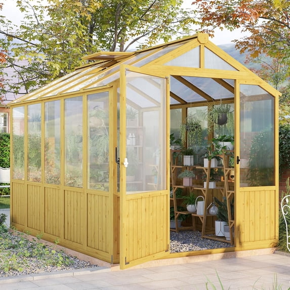 Jocisland 6.15x8 Ft Wooden Greenhouse with Lockable Door, Walk-in Cedar Structure, Adjustable Roof Vents, Polycarbonate Panels for Outdoor, Garden, Backyard