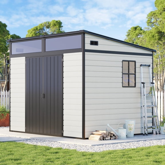 Jocisland 6.8x7x6.7 ft Outdoor Resin Storage Shed with Floor & Double Doors, Sloped Roof with Window & Vents, Waterproof Tool Sheds for Lawn, Backyard