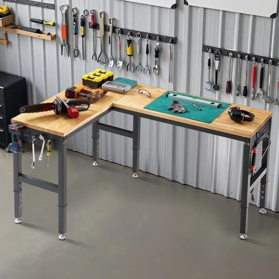 Jocisland 68"x48" L-Shaped Workbench with Power Strip, Adjustable Height Heavy Duty Work Table with Pegboard, 6000Lbs Load Capacity, for Garage