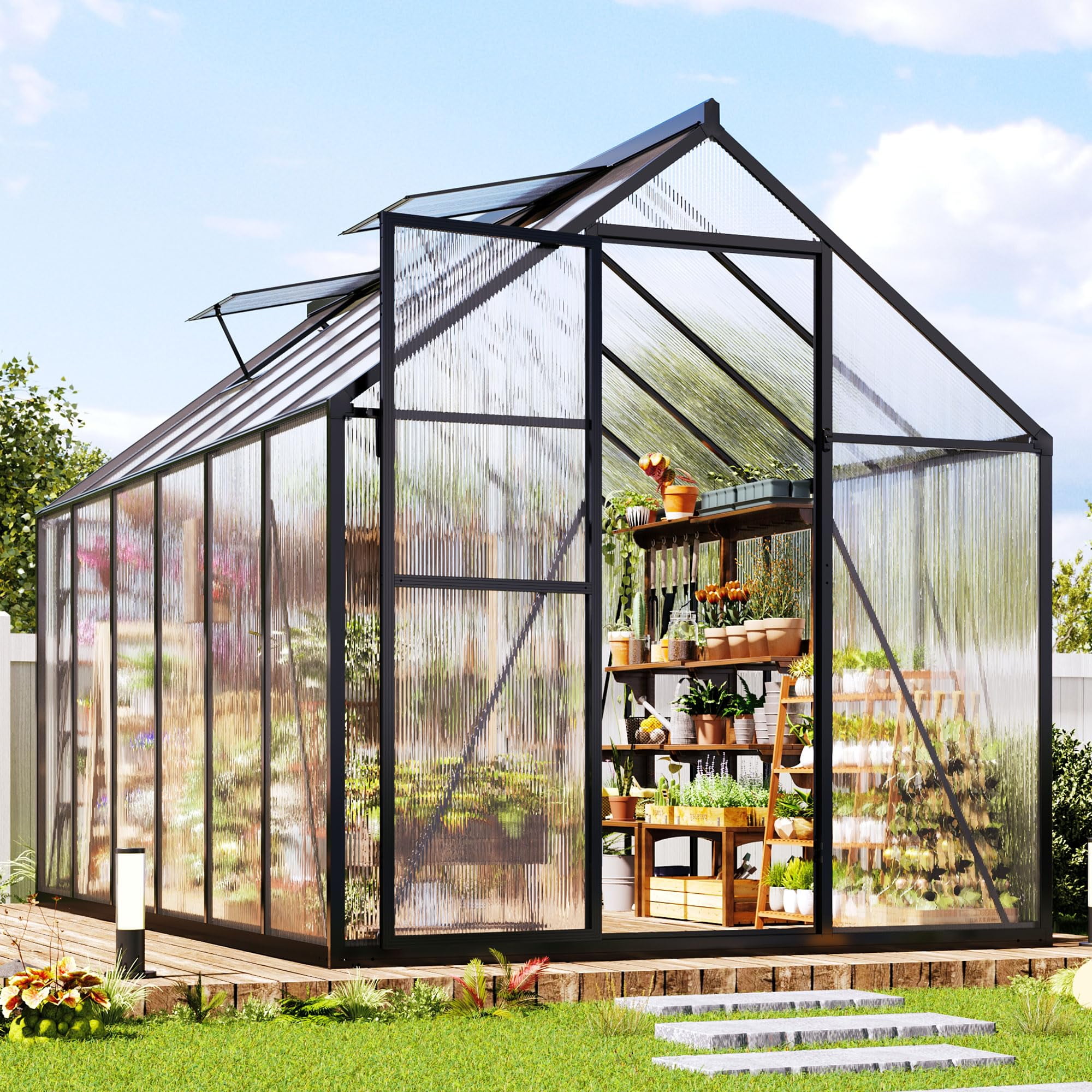 Jocisland 6x12 ft Polycarbonate Greenhouses for Outdoors, 2 Top-Opening Windows, Aluminum Walk-in Heavy Duty for Outdoor Use, Backyard Garden, Black