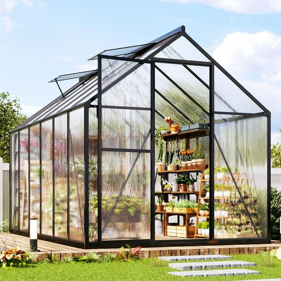 Jocisland 6x12 ft Polycarbonate Greenhouses for Outdoors, 2 Top-Opening Windows, Aluminum Walk-in Heavy Duty for Outdoor Use, Backyard Garden, Black