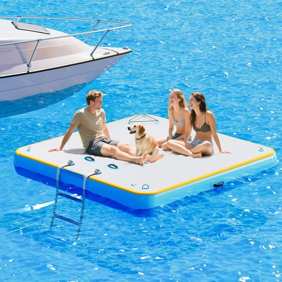 Jocisland 6x6 ft Inflatable Floating Dock with Non-Slip Surface, Detachable Ladder, Multi-Person Swim Platform for Pool, Beach, Ocean, Gray+Blue