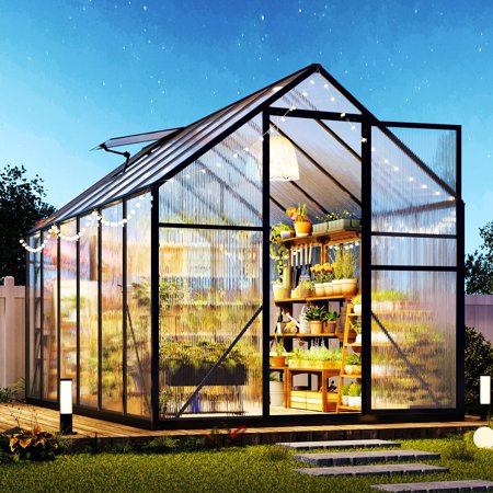 Jocisland 6x8x6.3 FT Polycarbonate Greenhouse for Outdoors with 2 Windows, Dual Swing Doors, Aluminum Walk-in Frame, Heavy Duty Garden Greenhouse for Backyard, Black