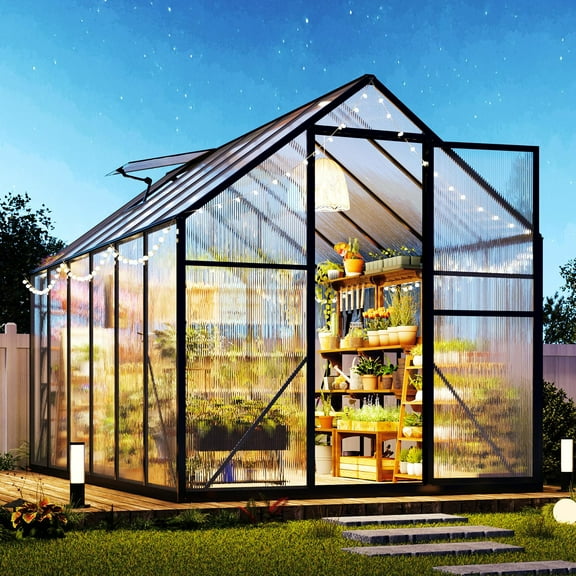 Jocisland 6x8x6.3 FT Polycarbonate Greenhouse for Outdoors with 2 Windows, Dual Swing Doors, Aluminum Walk-in Frame, Heavy Duty Garden Greenhouse for Backyard, Black