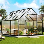 Jocisland 8x8x7 FT Polycarbonate Walk-In Greenhouse with Aluminum Frame, 2 Top-Opening Windows & 2 Swing Doors, Heavy Duty for Outdoor Garden Use, Black