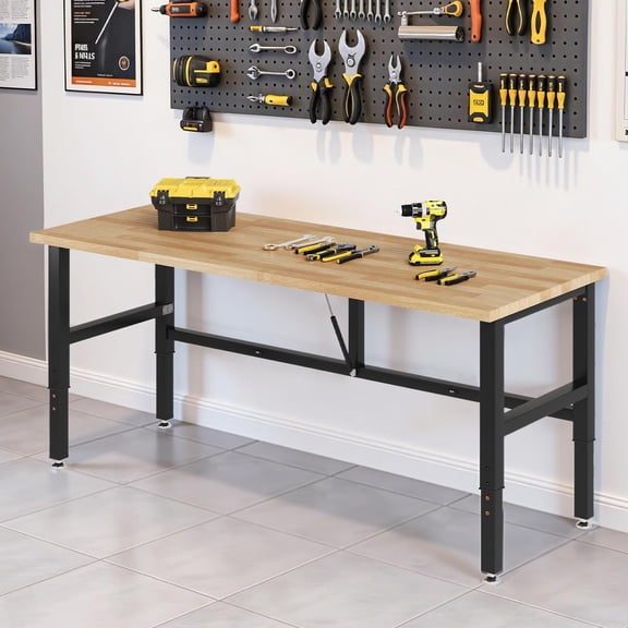 Jocisland 72x24 Folding Workbench, Adjustable Foldable Workbench with 2000 Lbs Capacity, 30.7"-40" Height, Rubber Wood Top for Garage, Workshop