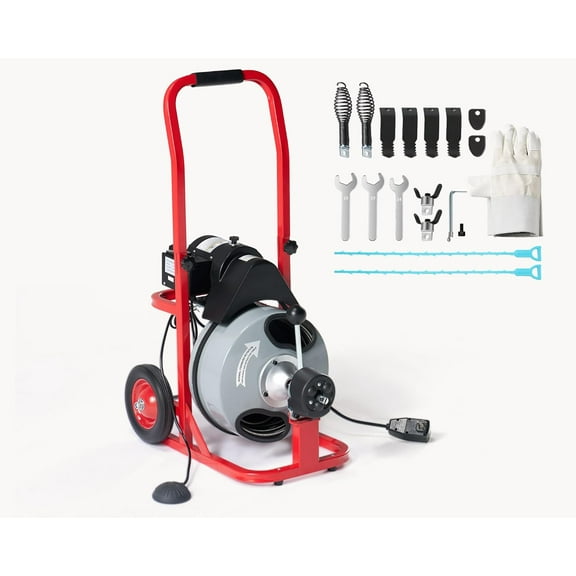 Jocisland 75 FT x 3/8 inch Drain Cleaner Machine, Auto Feed Electric Drain Snake with 10 Cutters & Air-activated Foot Switch for 1 to 4 Inch Pipes, Sewer Snake Auger, Grey/Red