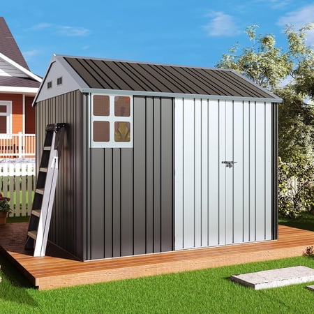 Jocisland 8.5x7.1x7.5 FT Galvanized Steel Outdoor Storage Shed, 4 Vents and Lockable Double Hinged Doors, Metal Shed for Backyard Storage, Dark Black/White