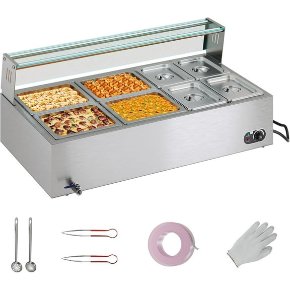 Jocisland 8-Pan 72QT Commercial Food Warmer, 1500W, Stainless Steel with Glass Lid & Food Tongs, 86-185°F Adjustable Heat for Catering and Restaurants, 110v