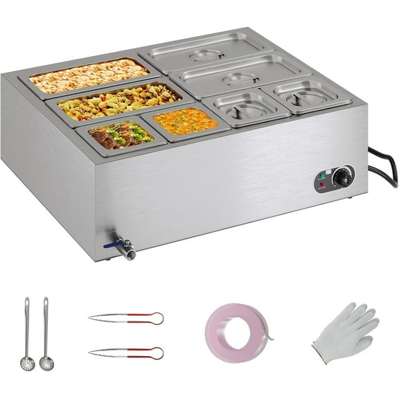 Jocisland 8-Pan Commercial Food Warmer, 48QT Electric Steam Table, 1200W Stainless Steel with Temp Control, Lid & Food Tongs for Catering and Parties, 110V