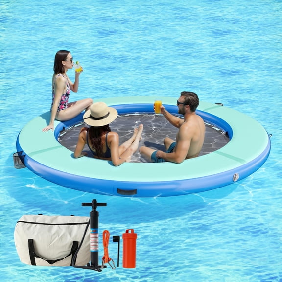 Jocisland 8FT Inflatable Water Hammock Round Floating Dock with Mesh, Tanning Pool Floating Rafts for Adults, Inflatable Raft Float Ring Platform