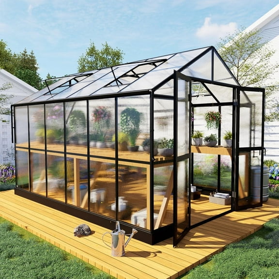 Jocisland 8x12x7.5 ft Polycarbonate Frame Greenhouse Double Swing Doors 4 Vents 5.2FT Added Wall Height, Black