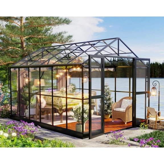 Jocisland 8x12x7.5 ft Polycarbonate Greenhouse Double Swing Doors 4 Vents 5.2FT Added Wall Height, Walk-in Large Aluminum Greenhouse Winter Sunroom Greenhouse for Outdoors, Black
