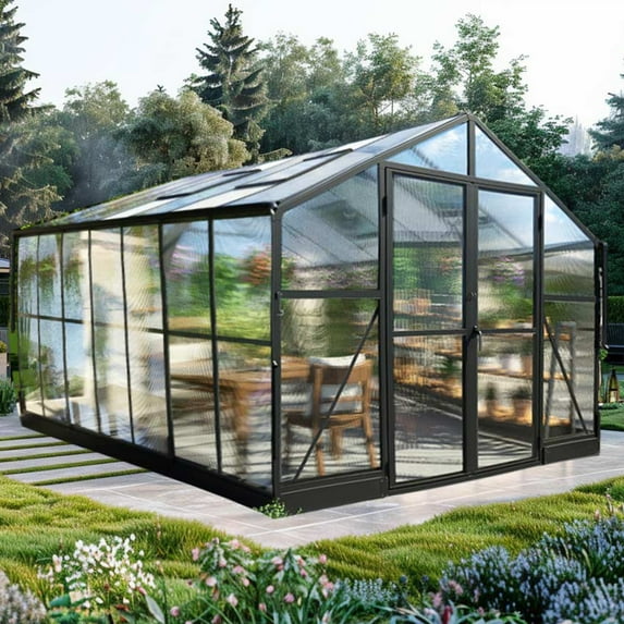 Jocisland 8x14x7 ft Polycarbonate Greenhouse, Green House with Quick-Connect System, Walk in Greenhouse with 4 Vent Windows and swing lockable door, Greenhouses for Outdoors, Sunroom Black