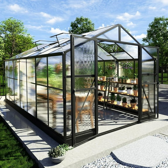 Jocisland 8x14x7 ft Polycarbonate Greenhouse with Quick Connector, Vents, Swing Lockable Door, Black