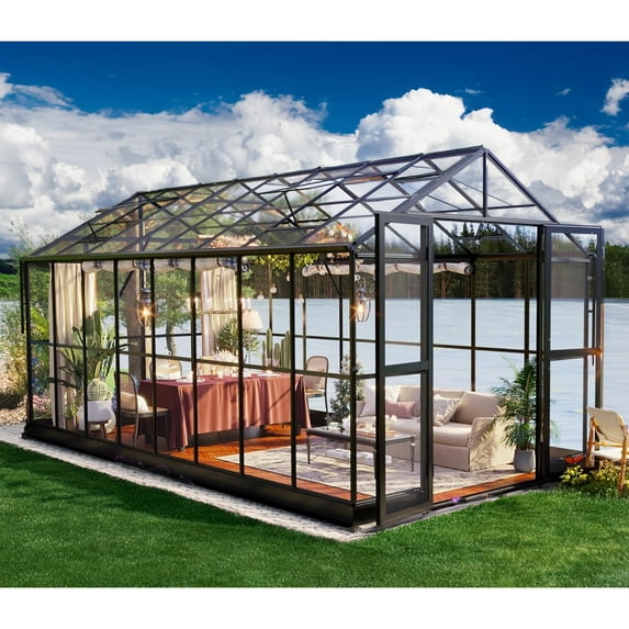 Jocisland 8x16x7.5 ft Polycarbonate Greenhouse Double 4 Vents Swing Doors 5.2ft Added Wall Height, Walk-in Large Aluminum Greenhouse Winter Sunroom Greenhouse for Outdoors, Black