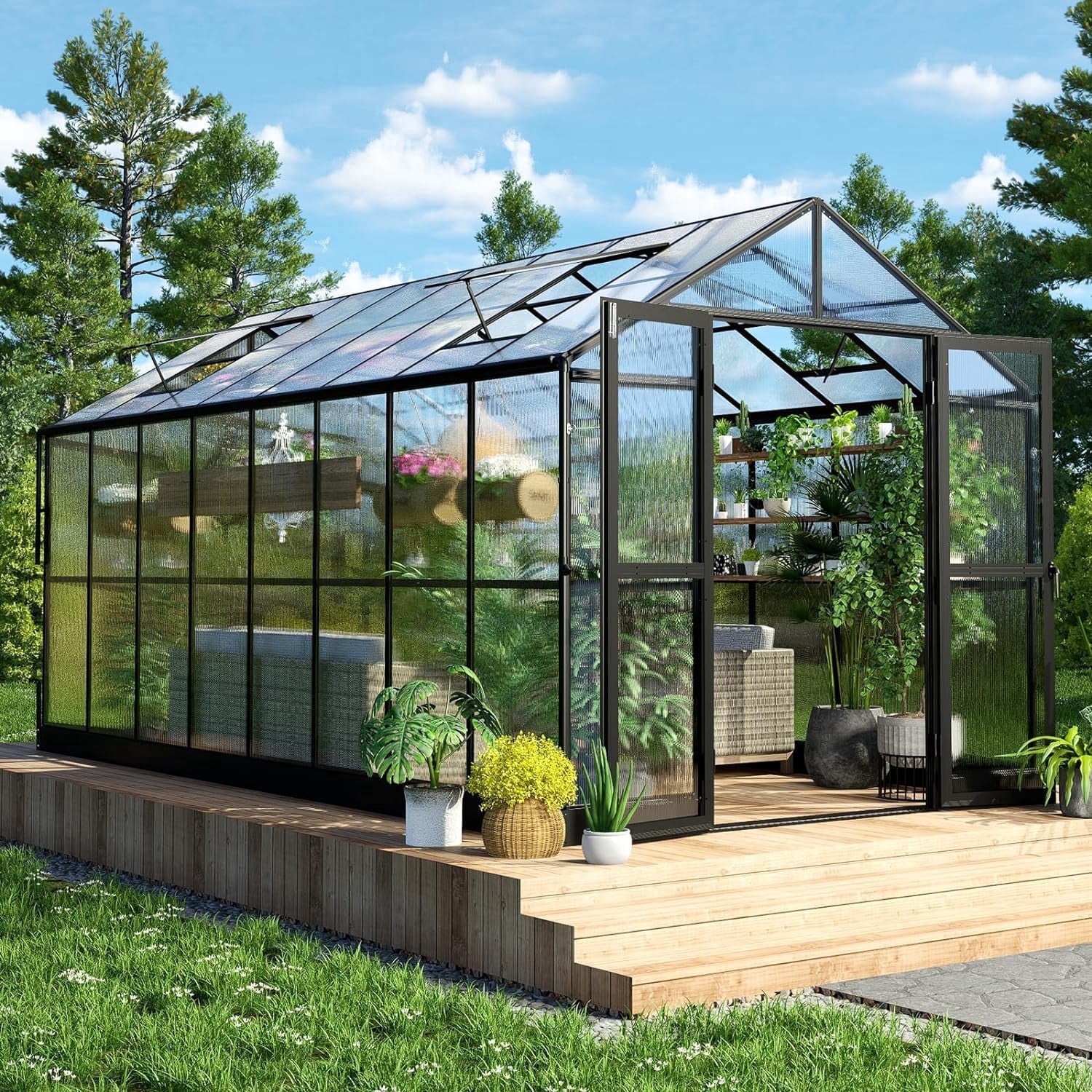Jocisland 8x16x7.5 ft Polycarbonate Walk-in Large Aluminum Greenhouse Double Swing Doors 4 Vents 5.2ft Wall Height, Greenhouse for Outdoors, Black