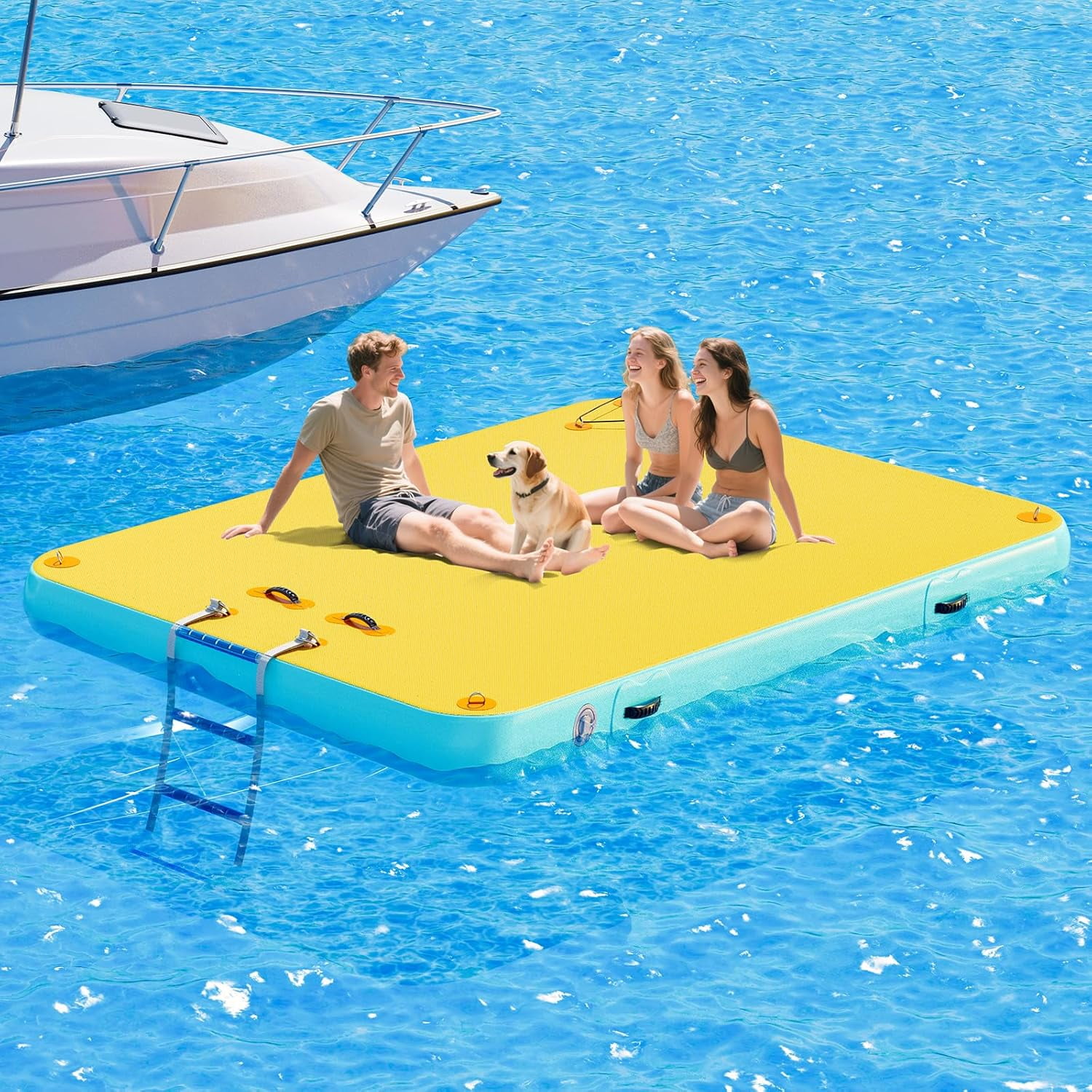Jocisland 8x6 ft Inflatable Floating Dock with Non-Slip Surface, Detachable Ladder, Multi-Person Swim Platform for Pool, Beach, Ocean, Yellow+Mint Green
