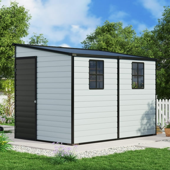 Jocisland 8x6x6 ft Resin Lean to Shed with Floor, Slanted Roof Lockable Outdoor Storage Shed with 2 Windows for Garden, Backyard, Lawn, Grey & Black