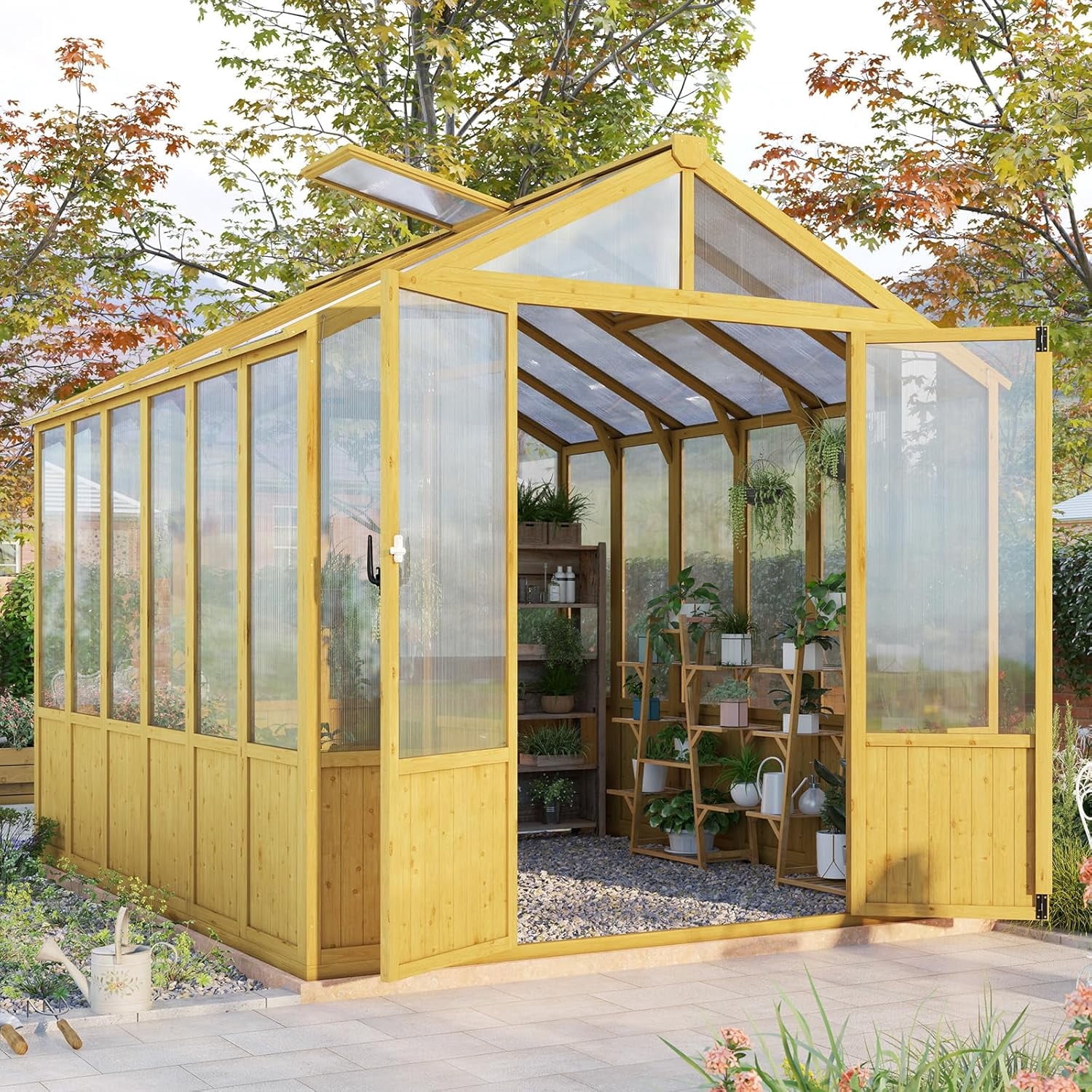 Jocisland 8x9.5 ft Wooden Greenhouse with Lockable Door, Walk-in Cedar Structure, Adjustable Roof Vents, Polycarbonate Panels for Outdoor, Garden