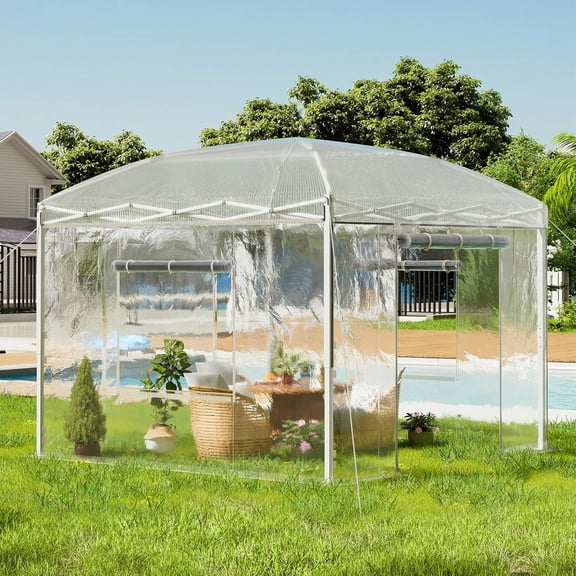 Jocisland 9.7x9.7×8.5 FT Upgraded Pop-up Greenhouses for Outdoors Indoor with Adjustable Reinforced Frame, Portable Walk in Green house with Roll-up Zipper Door, Windows and PE Cover, White
