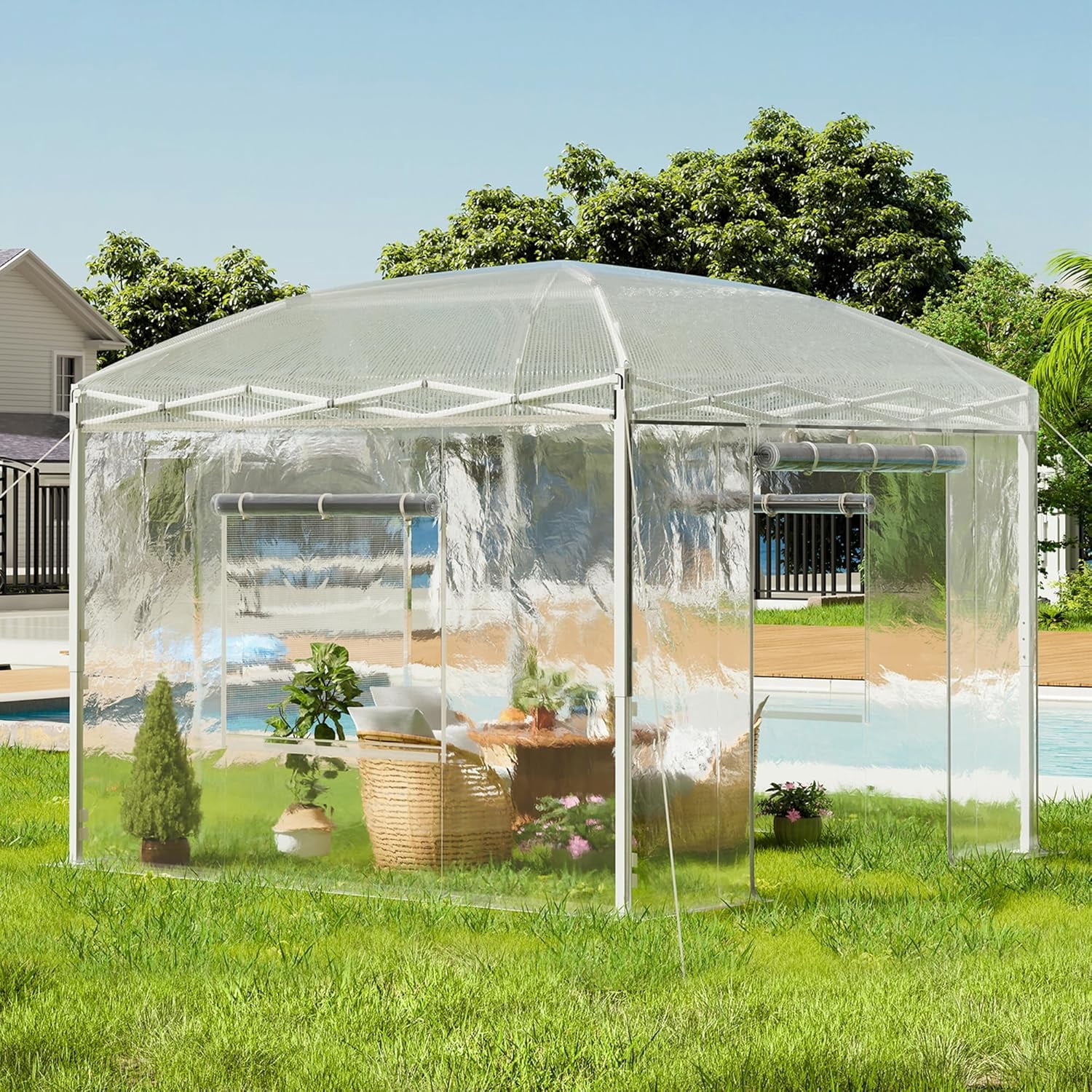 Jocisland 9.7x9.7×8.5 ft Upgraded Pop-up Portable Walk in Greenhouses for Outdoors with Adjustable Reinforced Frame, with Roll-up Zipper Door, White